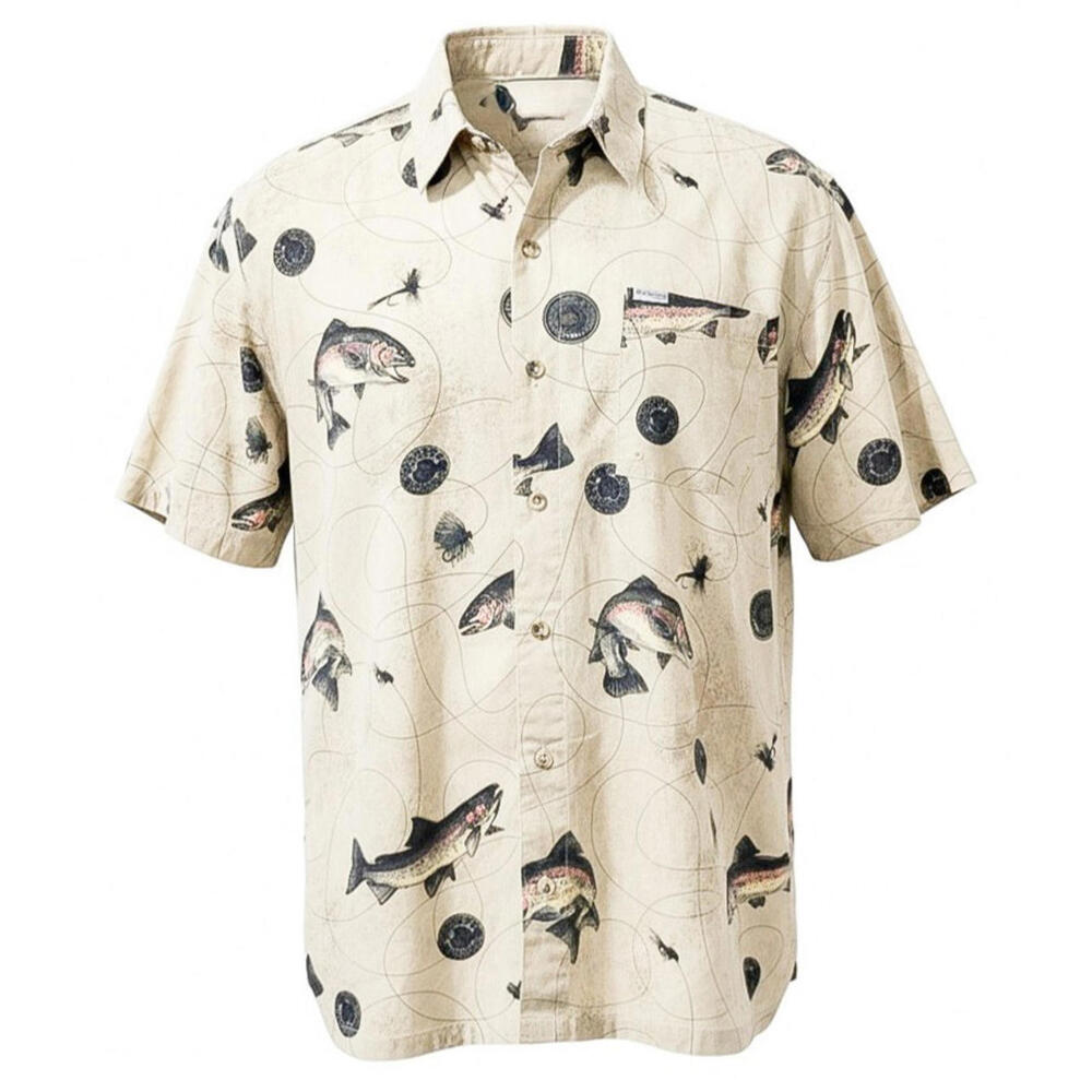 Columbia PFG Button Up Shirt Mens Size Large Short Sleeve Fish Themed Vented